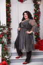 Portrait of beautiful plus size young woman. New year or Christmas background Royalty Free Stock Photo