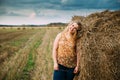 Portrait Beautiful Plus Size Young Woman Standing Near Hay Bale Royalty Free Stock Photo