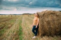 Portrait Beautiful Plus Size Young Woman Standing Near Hay Bale Royalty Free Stock Photo