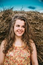 Beautiful Plus Size Young Woman Standing Near Hay Bale In Summer Royalty Free Stock Photo