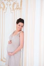 Portrait of a beautiful pregnant woman hugging her belly. Royalty Free Stock Photo