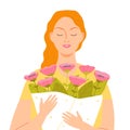 Portrait of a beautiful red-haired woman with a bouquet of flowers. Female character on a white background