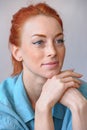 Beautiful redhead freckled cheerful woman smiling thoughtful Royalty Free Stock Photo