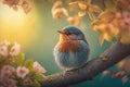 Portrait of a beautiful robin bird inside a tree at a sunny spring day. Created with AI.