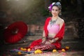 Portrait of Beautiful rural thai woman wear thai dress in Chiang Mai, Thailand Royalty Free Stock Photo