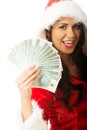 Portrait beautiful santa woman holding a clip of polish money Royalty Free Stock Photo