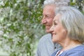 Portrait of beautiful senior couple hugging on a lilac background in the park Royalty Free Stock Photo