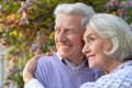 Portrait of beautiful senior couple hugging in the park by lilacs Royalty Free Stock Photo