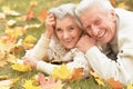 Portrait of beautiful senior couple lying on grass Royalty Free Stock Photo
