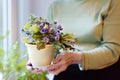 Portrait of beautiful senior woman with curly gray hair. Elderly is standing by the window and taking care of home flowers