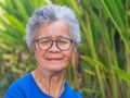 Portrait of a beautiful senior woman with short gray hair wearing glasses, smiling with arms crossed, and looking at the camera Royalty Free Stock Photo