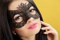 Portrait of beautiful sensual woman in black lace mask on yellow background. girl in venetian mask