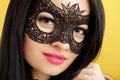 Portrait of beautiful sensual woman in black lace mask on yellow background. girl in venetian mask