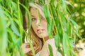 Portrait of a beautiful girl with large plump lips with white hair and a white full long finger Royalty Free Stock Photo