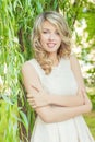 Portrait of a beautiful girl with large plump lips with white hair and a white full long finger Royalty Free Stock Photo