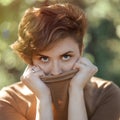 Portrait of beautiful short haired 30 years old woman covering her face by dress. Face with covered mouth. Woman with mysterious Royalty Free Stock Photo