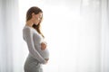 Portrait Of Beautiful Smiling Pregnant Woman Tenderly Embracing Belly Against Window Royalty Free Stock Photo