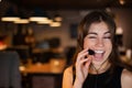 Portrait of a beautiful smiling woman call center operator with a headset at the desk Royalty Free Stock Photo