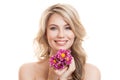 Portrait Of Beautiful Smiling Woman With Flowers. Clear Skin. Royalty Free Stock Photo