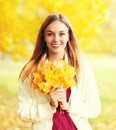 Portrait of beautiful smiling woman with yellow maple leafs in sunny autumn day Royalty Free Stock Photo