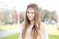 Portrait of beautiful and smiling young woman, hippie stylish, o Royalty Free Stock Photo