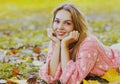 Portrait beautiful smiling young woman wearing a pink sweater in autumn park Royalty Free Stock Photo