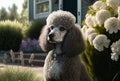 Regal grey spotted poodle in garden setting