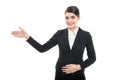 Portrait of beautiful stewardess gesturing emergency exit