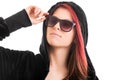 Portrait of a beautiful stylish girl with hoodie and sunglasses Royalty Free Stock Photo