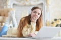 Portrait of beautiful teen girl lying on floor Royalty Free Stock Photo