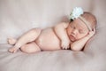 Portrait of beautiful ten days old newborn baby girl wearing flower headband. Royalty Free Stock Photo