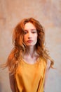 Portrait of beautiful tender redhead girl smiling posing looking at camera over rustic loft wall Royalty Free Stock Photo