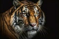 Portrait of a beautiful tiger. Big cat close-up. Tiger looking at you from the dark. Animal on black background. Generative AI Royalty Free Stock Photo