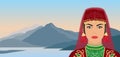 Portrait of a beautiful turkish woman in a national costume on the background of a mountain landscape.Vector illustration