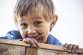 Portrait of a beautiful two year old child with sly, smiling eyes. A boy with blond hair is looking at the camera. Royalty Free Stock Photo