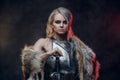 Portrait of a beautiful warrior woman holding a sword wearing steel cuirass and fur. Fantasy fashion. Cosplayer as Ciri