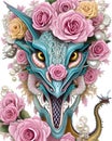 Portrait a beautiful whimsical pink dragon head in flowers
