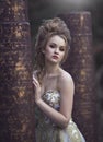 Beautiful woman in an ancient medieval dress, with a high complex historical hairstyle near the walls of the castle.