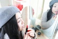 Make-up , Applying lipstick using lip concealer brush