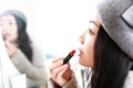 Make-up , Applying lipstick using lip concealer brush