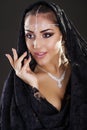 Portrait of a beautiful woman with arabian makeup in black paranja