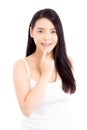 Portrait of beautiful woman asian makeup of cosmetic, girl hand touch lips and mouth and smile attractive, face of beauty perfect Royalty Free Stock Photo