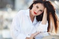 Portrait of a beautiful woman on the background of the sea and yachts Royalty Free Stock Photo