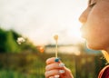 Portrait of a beautiful woman blowing dandelion Royalty Free Stock Photo