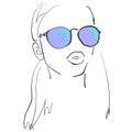 Portrait of beautiful woman in blue sunglasses. Long hair. Vector version. Half turn view.