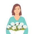 Portrait of a beautiful woman with a bouquet of flowers. Female character on a white background. International Women`s Day. Vecto