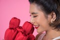 Beautiful woman with bouquet of red tulip flowers Royalty Free Stock Photo