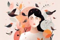 Portrait of beautiful woman with closed eyes surrounded by birds. Concept of closeness to nature