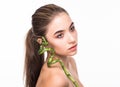 Portrait beautiful woman face portrait with green leaf , concept for skin care or organic cosmetics Royalty Free Stock Photo