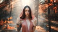 Portrait of beautiful woman fantasy elf in autumn forest. Dark trees background, fog park. Girl princess in orange peach Royalty Free Stock Photo